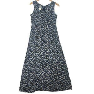 VTG Rabbit Designs 90s Blue Floral Midi Tie Back Dress Prairie sz 4P Cottage